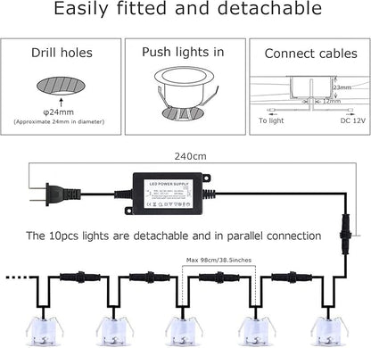 LED Deck Lights Kit 12V Low Voltage Waterproof IP67 Warm White Recessed Deck Lighting In Ground Light for Step Stair Garden Patio Wood Floor Outdoor Landscape Accent Lights Fixtures(Pack of 10)