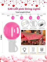 50Ft Valentine's Day Outdoor String Lights, G40 Valentines Day Decorations Lights with 27 LED Pink Shatterproof | Lumora