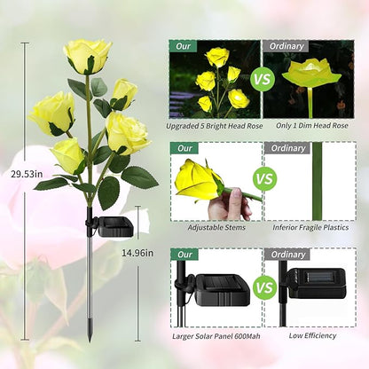 Solar Garden Flowers Lights, Solar Outdoor Lights with More Realistic 10 Rose Waterproof for Outside Patio Yard Pathway Decorations, 2 Pack Yellow