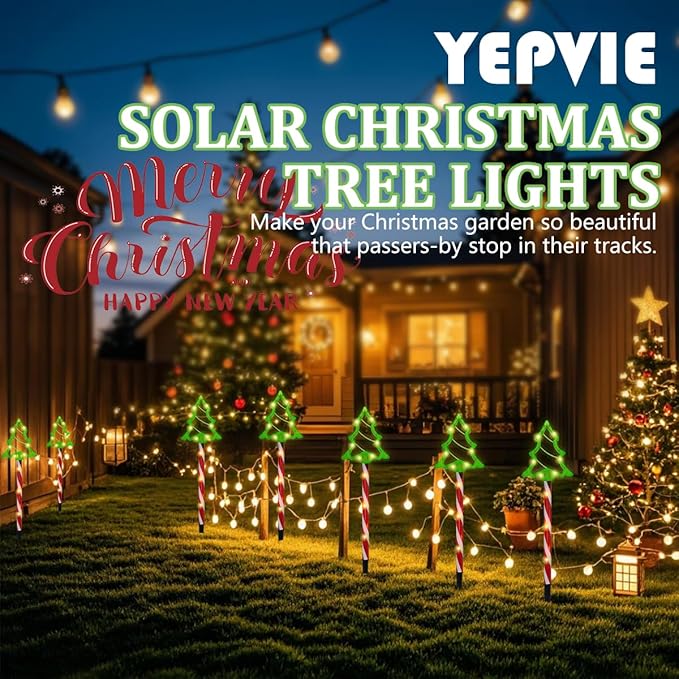 6 in 1 Solar Christmas Tree Pathway Lights, 54 LED Solar Powered Christmas Tree Candy Outdoor Decorations, 8 Lighting Modes, 800mAh, Waterproof Xmas Tree Candy Lights for Outdoor Garden