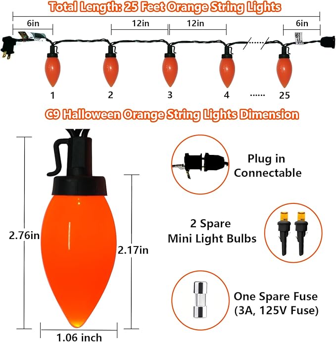 25Ft LED Orange Christmas Lights, C9 Outdoor Christmas Light 25 LED Orange Bulb Lights, Connectable Fall Decor String Light for Thanksgiving Autumn Xmas Halloween Decoration