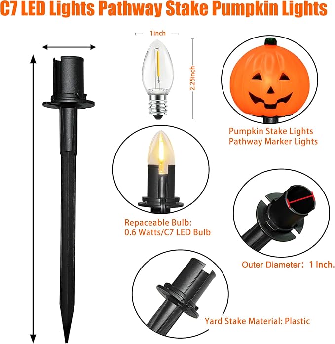 SUNSGNE Halloween Pathway Lights Outdoor, Set of 4 Halloween Pumpkin Stake Lights, Connectable Jack-O-Lantern Walkway Light for Holiday Garden Party Driveway Lawn Lighting Decor