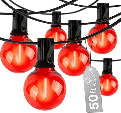 50 FT Red Outdoor String Lights G40 Globe Shatterproof Patio Lights,26 Plastic Edison Bulbs(2 Spare) IP65 Waterproof Dimmable LED Bulbs for Backyard Porch Balcony Party Decor, E12 Base,