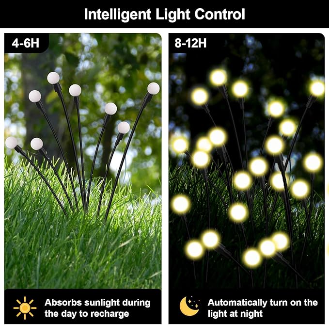 Swaying Solar Firefly Lights Outdoor, 8 Modes 800mAh Firefly Swaying Solar Garden Lights Waterproof for Outside Plant Yard Patio Pathway Christmas Garden Decor Flashing Warm White(4 Pack)