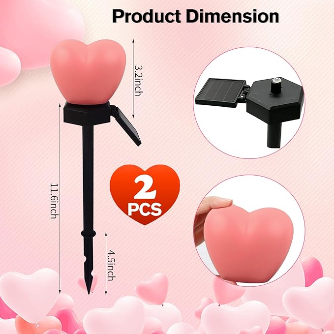 Valentines Day Red Heart Solar Lights Outdoor, 2Pcs Waterproof Valentines Day Solar Garden Light LED Heart Lights Wedding Decorations for Yard Walkway Outside (Pink)