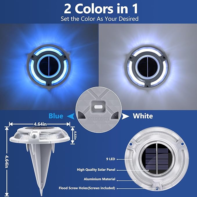 Brizled 12 Pack Solar Driveway Lights, 2 Colors in 1 Outdoor Dock Lights, IP67 Waterproof Deck Lighting Marine Light, Road Marker Solar Light for Sidewalk Pathway Walkway Garden Yard(Cool White/Blue)