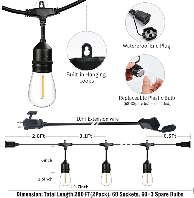 200FT String Lights for Outside LED Patio Lights Outdoor Waterproof with 63 Shatteproof Edison Lights Outdoor | Lumora