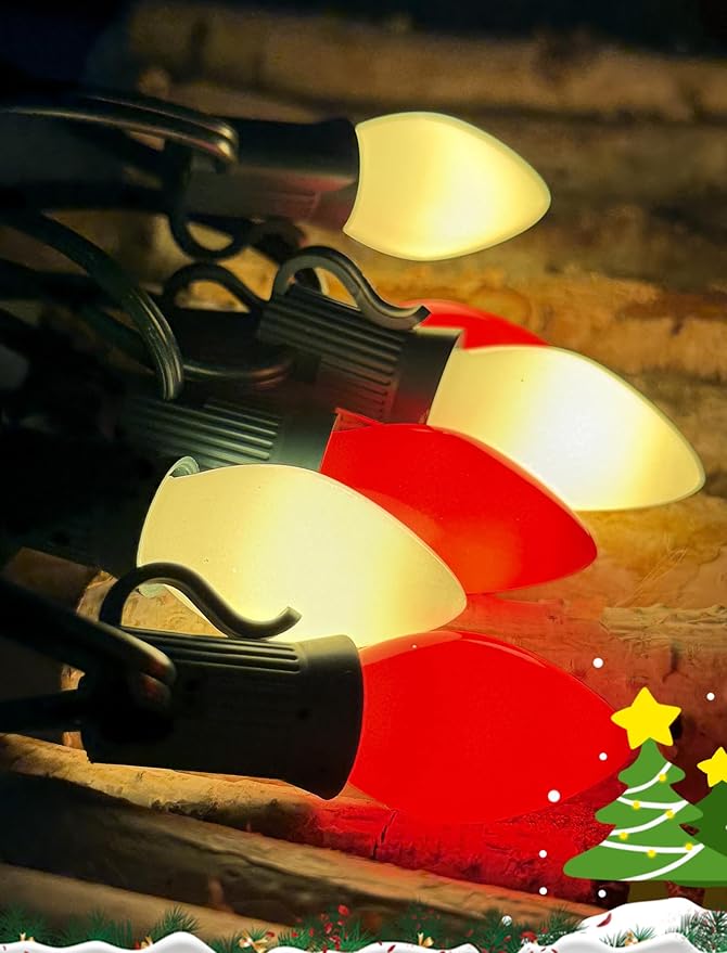 25Ft Multicolor Chritsmas Lights Outdoor, C7 Vintage String Lights with 27 Red White Ceramic Incandescent Bulbs, Hanging Patio Lights for Porch Roofline Christmas Tree Garden Pathway Indoor Decor