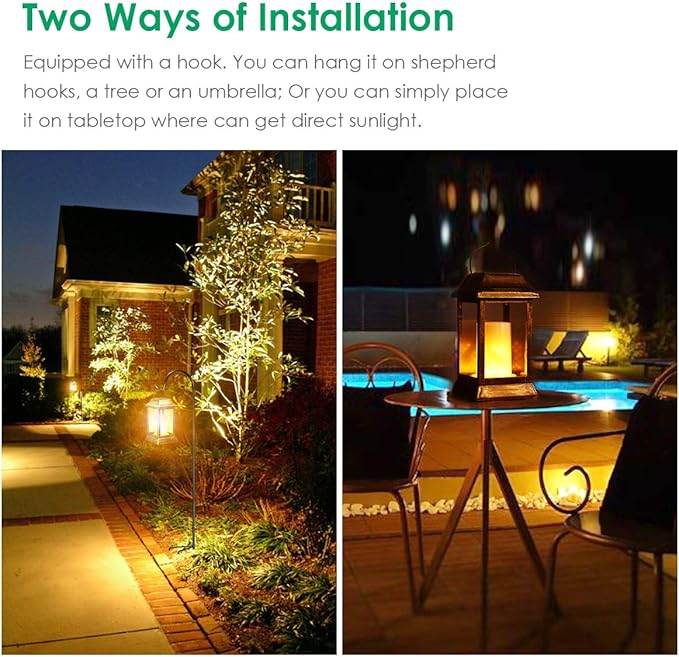 TomCare Solar Lights Metal Flickering Flame Solar Lantern Outdoor Hanging Lanterns Lighting Heavy Duty Solar Powered Waterproof LED Flame Lights for Outdoor Patio Garden, 2 Pack (Bronze)