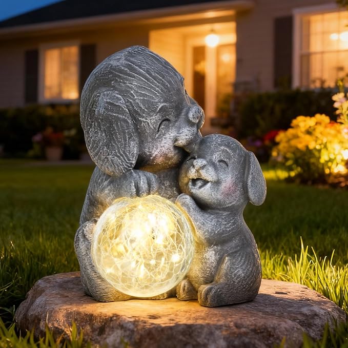 Solar Garden Statue Light, 8inch Outdoor Puppy Figurine with Solar Light for Patio, Lawn, Yard, Housewarming Birthday Gifts for Dad, Mom, Grandma,Women (Grey Dog)