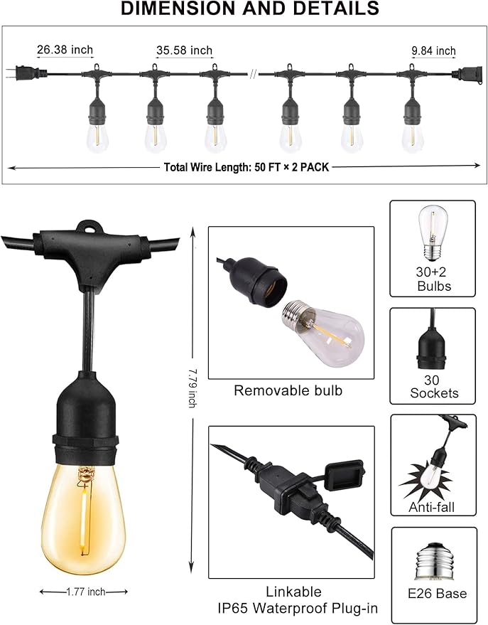 Outdoor String Lights LED 100FT Patio Lights with 32 Shatterproof S14 Dimmable Plastic Vintage Edison Bulbs and Commercial Grade Waterproof Strand Lights String for Porch Market Cafe String Lights