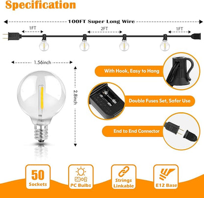 Brightever 100ft Outdoor G40 LED Globe String Lights Dimmable Waterproof Shatterproof Light Strings with 52 Bulbs Connectable Commercial Hanging Lights for Patio House Backyard Balcony