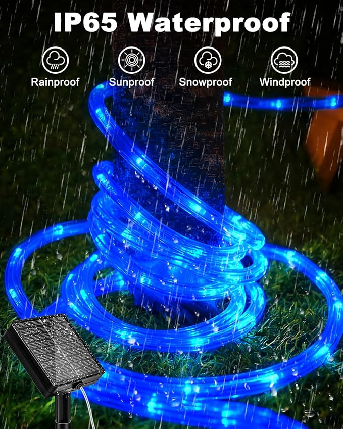 btfarm Solar Rope Lights Outdoor, 120LED 46FT Solar String Lights Outside Waterproof, 8 Lighting Modes Tree Tube Fairy Light Solar Powered for Garden Christmas Yard Party Decorations, Blue