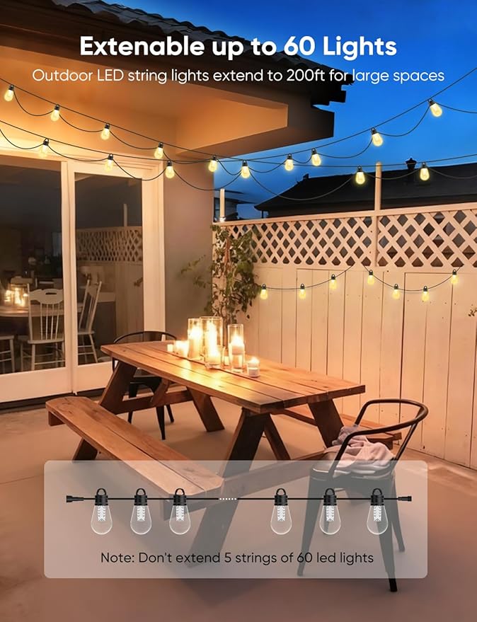 APPECK Outdoor String Lights, 150ft Smart RGBW Outdoor Patio Lights with 45 LED Bulbs, Extendable, 111 Scene Modes, IP65 Waterproof Lighting for Outside, Halloween Decor, Compatible with Alexa