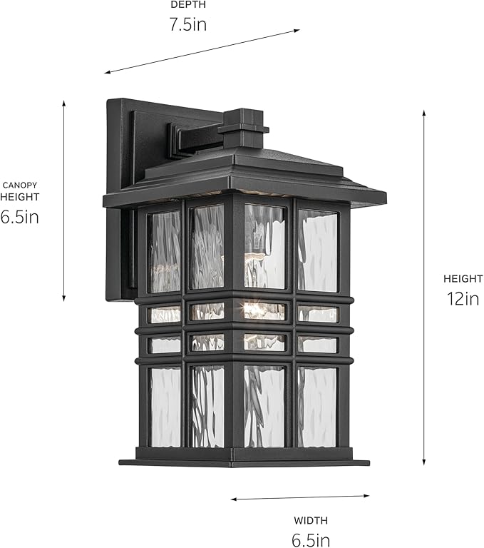 Kichler Beacon Square 12" 1-Light Outdoor Wall Light with Clear Hammered Glass in Textured Black, for Exterior | Lumora