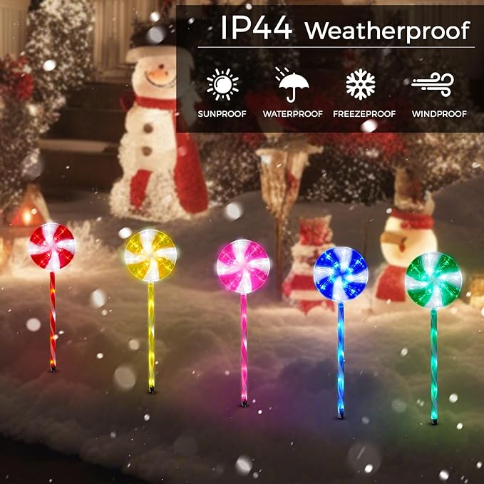 BRIGHTDECK Lollipop Solar Christmas Pathway Lights Outdoor, 10 Pack LED Christmas Decor with 8 Lighting Modes, Light Up Solar Stake Lights for Holiday, Xmas, Walkway, Sidewalk (Multicolour, 10 PCS)