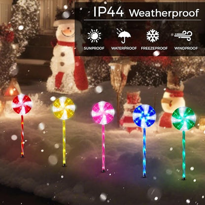 BRIGHTDECK Lollipop Solar Christmas Pathway Lights Outdoor, 5 Pack LED Christmas Decor with 8 Lighting Modes, Light Up Solar Stake Lights for Holiday, Xmas, Walkway, Sidewalk(Multicolour, 5 PCS)