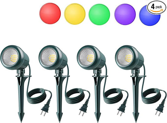 Christmas Spotlights Outdoor, 120V Plug-in Halloween Spot Light, 5000K LED Landscape Lighting with 5 Color Lenses (Red Green Blue Purple Yellow), IP67 Waterproof, 4 Pack