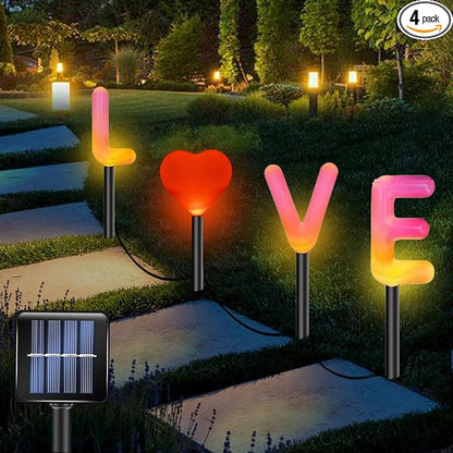 ITICdecor Solar Garden Lights Solar Lights Outdoor Waterproof with 3D Love for Yard Lawn Outside Beach Camping Wedding Festival Ornaments I Love You Gifts for Mom, Women, Grandma(4 in1)