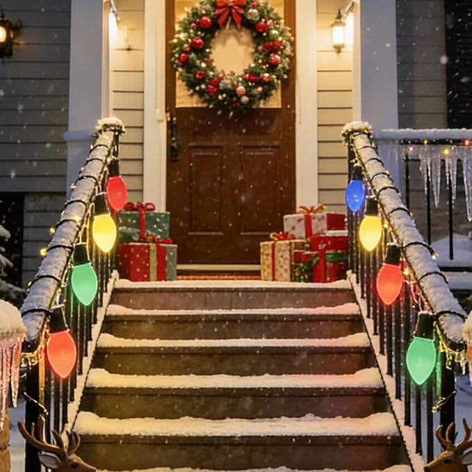 C9 LED Christmas Lights Outdoor, 25Ft Outdoor Valentine's Day Decorations String Lights with 26 C9 LED Red White Green Bulbs, Hanging Vintage Christmas Light for Garden Party Porch Pathway Roofline
