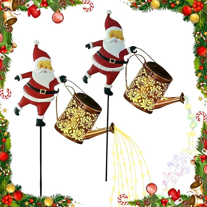 Christmas Santa Solar Kettle Lights Garden Lawn Decorative Lights, Santa Kettle Ground Lamp Solar LED Night Light Outdoor Garden Decor for Pathway Yard Patio(2PCS Warm+Colorful Light)