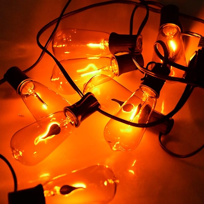 Halloween Flicker Flame String Lights Outdoor, 10Ft Halloween Decorations Lights with 10 ST40 Edison Orange Flame Bulbs, Outdoor Orange Lights for Patio Party, Black Wire
