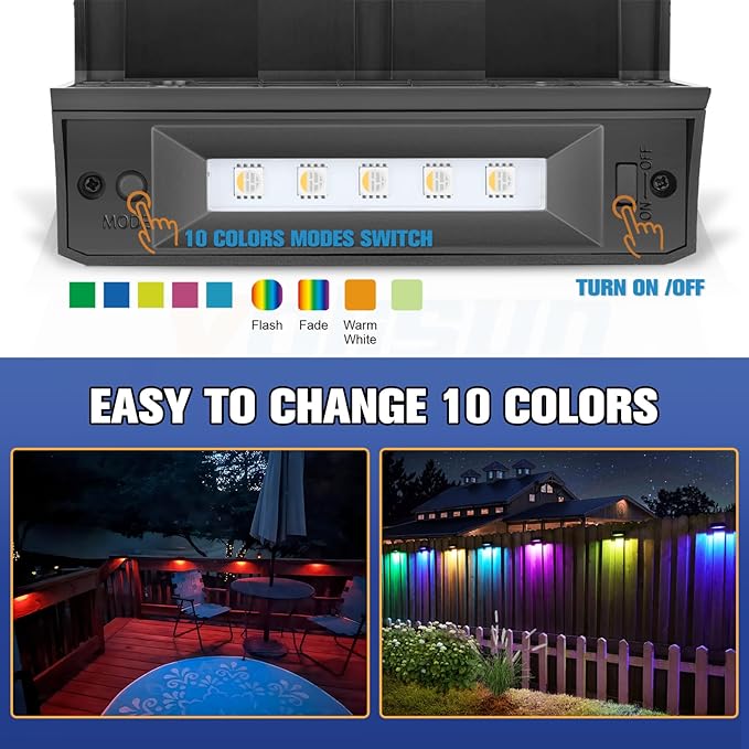 VOLISUN 12-Pack 1800mAh Outdoor Solar Fence Lights - Waterproof LED Color Glow for Step, Railing, Wall, Stairs | Lumora