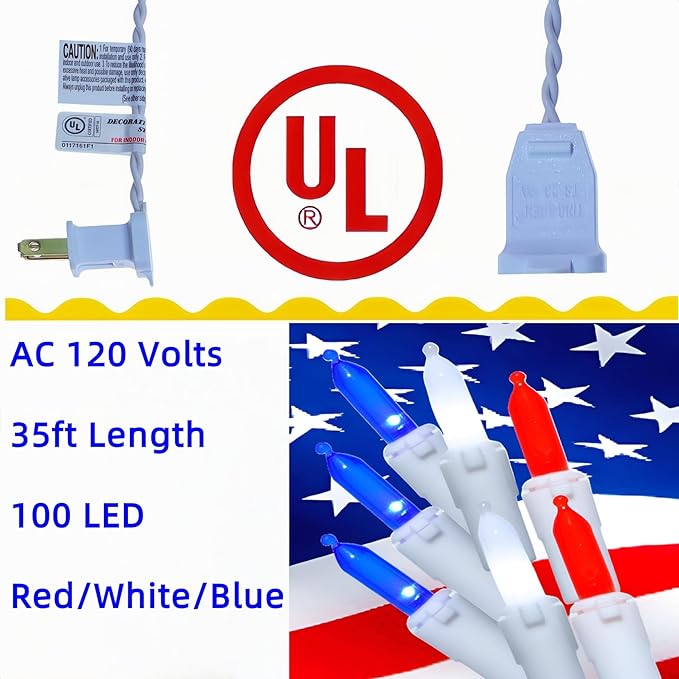 150 LED Red White and Blue US Flag Lights, UL Certified and Commercial Grade 50 Ft White Wire 3-Colored Christmas | Lumora