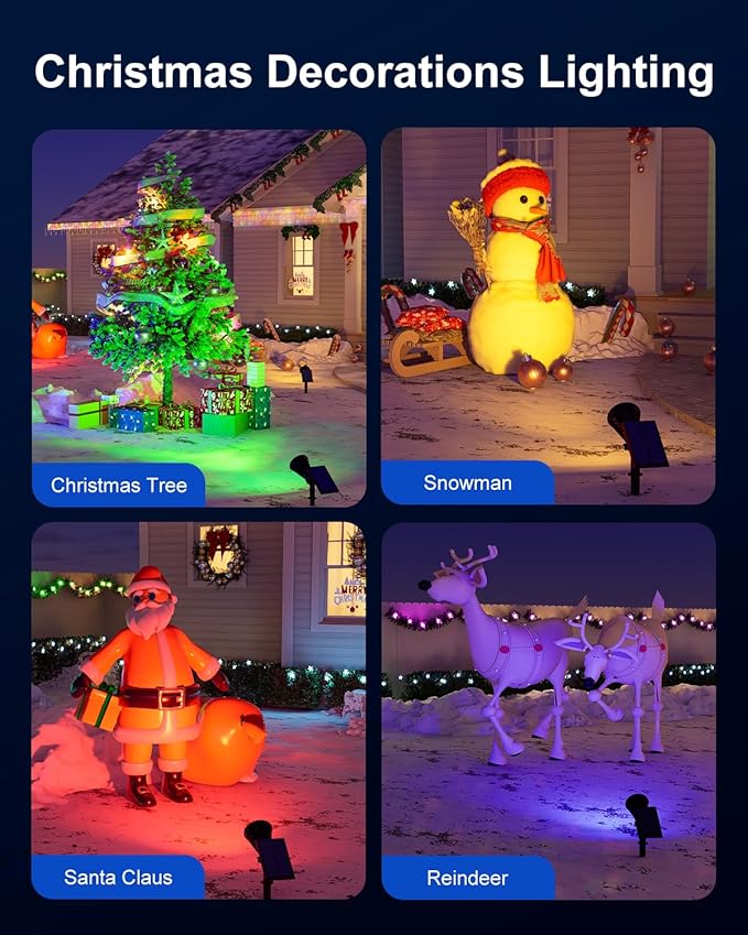 4 Pack Color Change Solar Spotlights Outdoor for Christmas Decorations, Tree, Snowman, Santa Claus, Elk Statue | Lumora