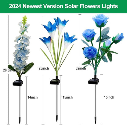Solar Garden Lights, 6 Pack Solar Flowers Lights with Lily Rose Delphinium, Waterproof Gardening Gifts for Mom Grandma Women,Multi-Color Changing Outdoor Light for Garden Yard Patio Lawn