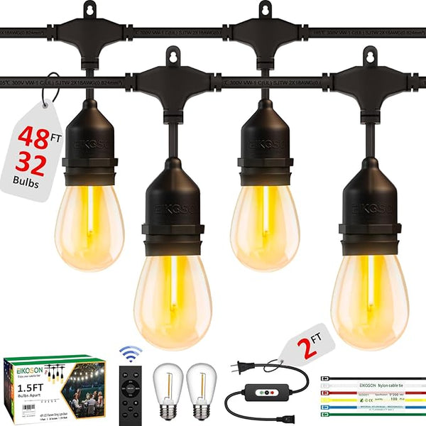 50FT Outdoor String Lights Waterproof with 30+2 Bulbs (1.5FT Bulbs Spacing), Remote & Dimmer, Commercial Grade | Lumora