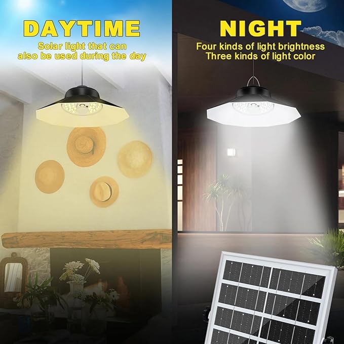 Solar Light Outdoor Indoor with 3 Color 4 Brightness Modes Work Day and Night Solar Powered Pendant Lights for Shed Garage Yard,Double