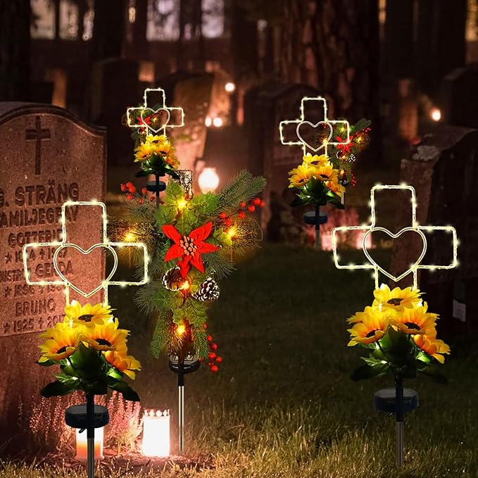 Lmtocs Solar Cross Cemetery Decorations for Grave, Memorial Sympathy Gift for Loss of Loved One Mom Dad, Grave Decorations for Birthday in Heaven Mother Day Fathery Day Memrial Christmas