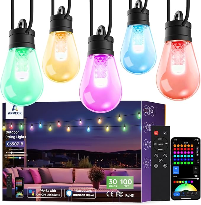 APPECK Smart Outdoor String Lights, 100ft RGBW Outdoor Patio Lights with 30 LED Bulbs, Extendable, 111 Scene Modes, IP65 Waterproof Lighting for Outside, Halloween Decor, Compatible with Alexa
