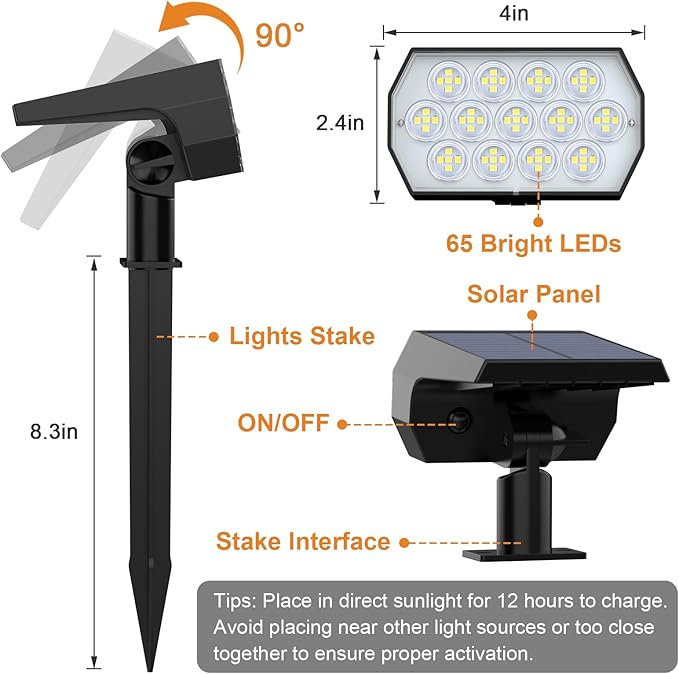 WELALO Solar Spot Lights Outdoor, [2 Pack/65 LED/3 Modes] Solar Landscape Spotlights, Solar Powered Security | Lumora