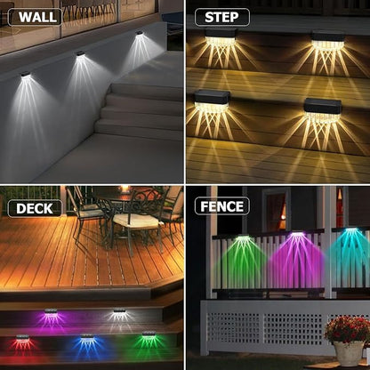 Solar Fence Lights Outdoor,12 Pack Solar Deck Lights,8 Fixed Colors ＆ Color Changing Modern Solar Powered,Waterproof LED for Step Stair Patio Backyard Porch Railing Halloween Christmas
