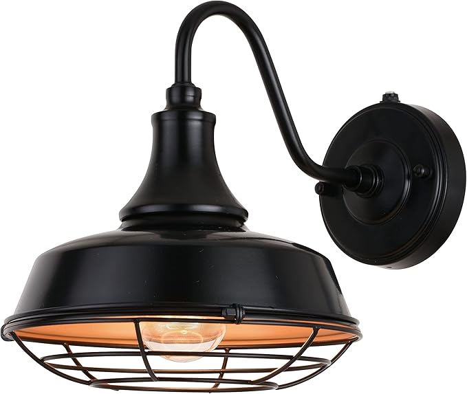 VAXCEL Dorado 10.25 in. H 1-Light Dark Bronze and Light Gold Dusk to Dawn Sensor Industrial Outdoor Wall Sconce, Gooseneck Metal Shade, LED Compatible for Exterior Porch Patio Front Door or Garage