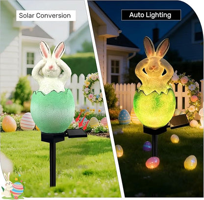 Solar Easter Egg Bunny Lights Outdoor, Waterproof Easter Solar Lights Rabbit Bunny Garden Statue Easters Yard Egg Decorations Outdoor for Outside Cemetery Grave (Green Don't See)