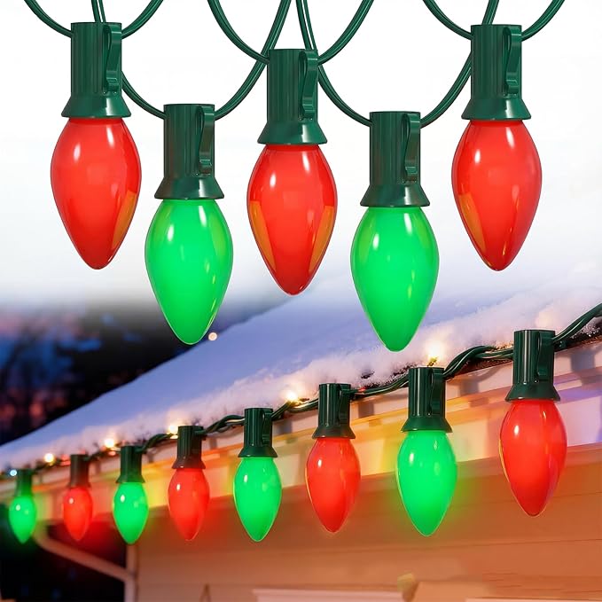 C7 Outdoor Christmas Lights - 25ft Red and Green Christmas Lights with 27 Ceramic Bulbs(2 Spare), Waterproof Extendable Christmas Tree Lights for Indoor Party Backyard Xmas Light,Green Wire