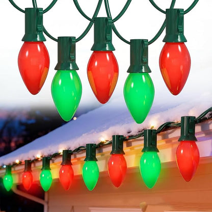 C7 Outdoor Christmas Lights - 25ft Red and Green Christmas Lights with 27 Ceramic Bulbs(2 Spare), Waterproof Extendable Christmas Tree Lights for Indoor Party Backyard Xmas Light,Green Wire