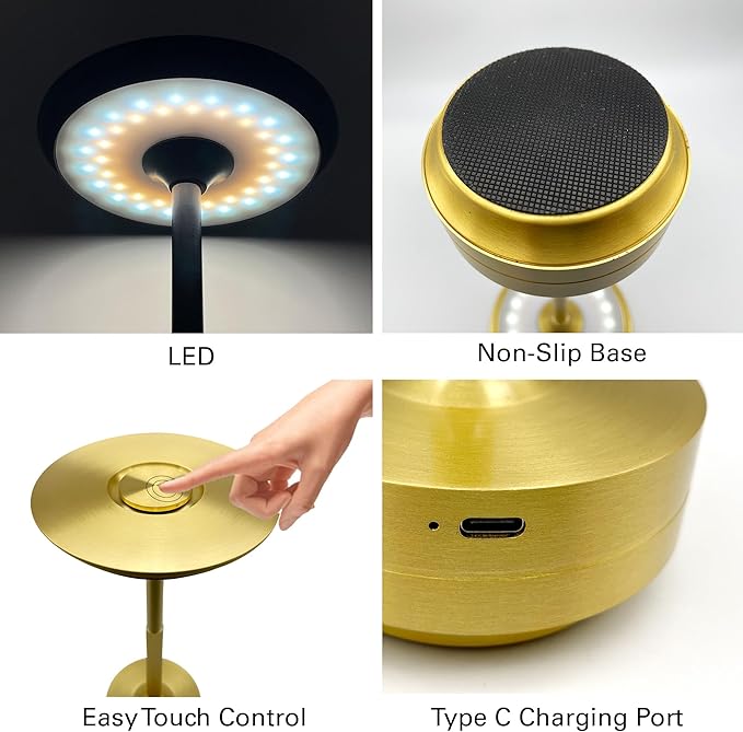 2 Pack Cordless Table Lamps Rechargeable, Portable Battery Operated Lamp, Stepless Dimming LED Table Light with Memory Function, for Outdoor/Dinner/Patio/Restaurant - Gold
