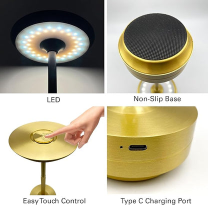 2 Pack Cordless Table Lamps Rechargeable, Portable Battery Operated Lamp, Stepless Dimming LED Table Light with Memory Function, for Outdoor/Dinner/Patio/Restaurant - Gold