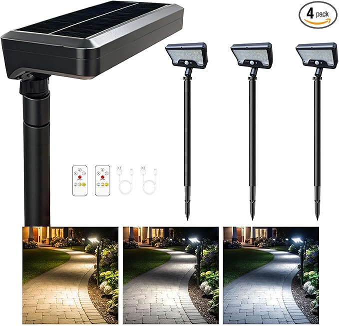 Solar Motion Sensor Pathway Lights - Warm & Daylight Selectable Path Light 3 Modes, IP65 Waterproof Black LED Garden Lighting with Remote Control for Outside Landscape Walkway (4 Pack)