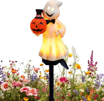 2pcs Ghost Solar Outdoor Lights, Halloween Ghost Solar Pathway Lights, Waterproof Outdoor Resin Figurine Lamp with Stake for Garden Patio Yard Pathway Decorative