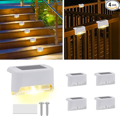4 Pack Solar Deck Lights Outdoor Small Waterproof LED Step Lamp Outside Decoration Lighting for Stairs, Railing, Fence, Patio, Pool, Balcony, Retaining Wall, Patio, No Drill Instal(White Shell)