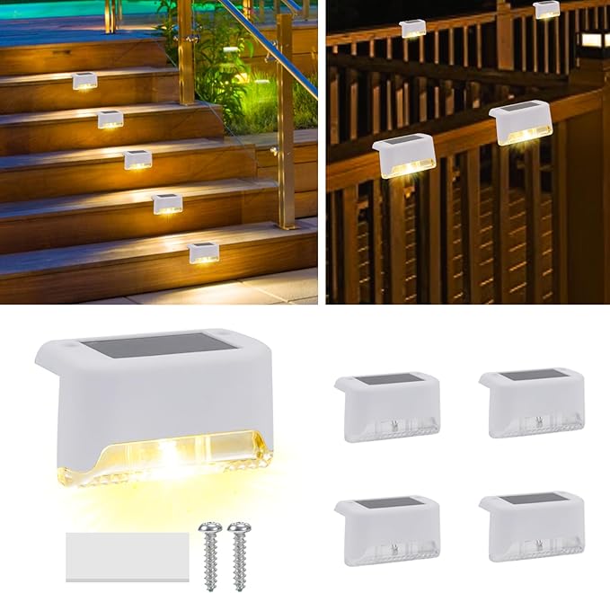 4 Pack Solar Deck Lights Outdoor Small Waterproof LED Step Lamp Outside Decoration Lighting for Stairs, Railing, Fence, Patio, Pool, Balcony, Retaining Wall, Patio, No Drill Instal(White Shell)