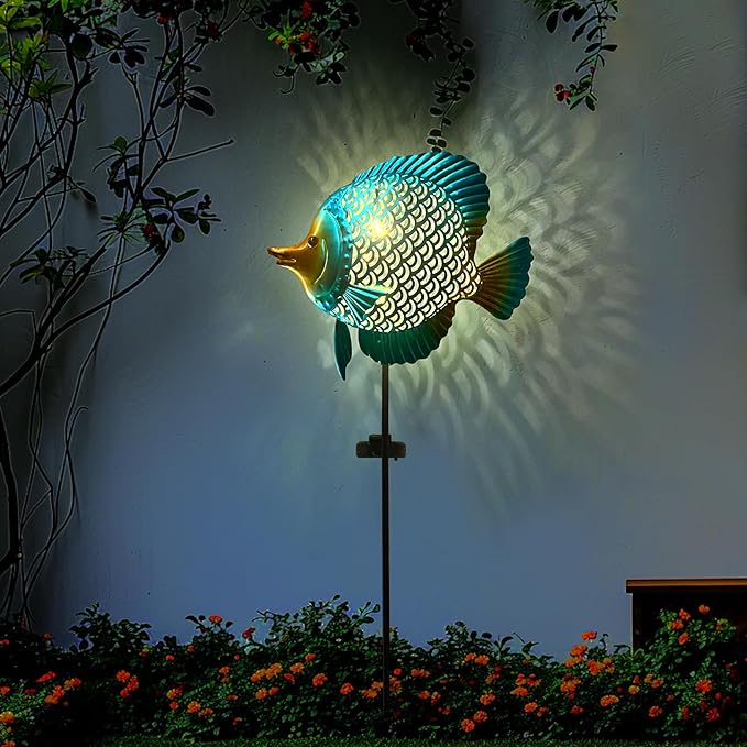 HONGLAND Solar Pathway Lights, Outdoor Solar Powered Garden Lights with Warm Yellow LED, Metal Fish Design Stake for Lawn, Yard, Patio and Landscape Decoration (Waterproof)
