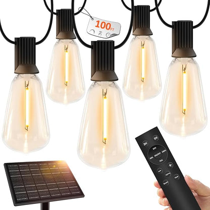 100 FT Solar String Lights Outdoor Waterproof with Remote & USB Port, Solar Power Patio Hanging Lights with Dimmer, Shatterproof LED Edison Bulb Outdoor String Lights for Outside Cafe Yard Fence