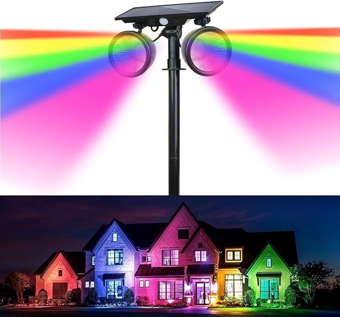 Solar Spotlights Outdoor, IP67 Waterproof 2-in-1 RGB Color Changing Double-Head Solar Lights, Christmas Landscape | Lumora