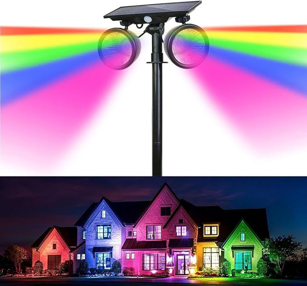 Solar Spotlights Outdoor, IP67 Waterproof 2-in-1 RGB Color Changing Double-Head Solar Lights, Christmas Landscape | Lumora